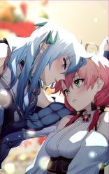 Rule 34 | 2girls, absurdres, ahoge, backlighting, bare shoulders, black bow, blue hair, bow, commentary, detached sleeves, eredhen, eye contact, face-to-face, forehead-to-forehead, from side, green bow, green eyes, hair between eyes, hair bow, heads together, highres, hololive, hoshimachi suisei, hoshimachi suisei (streetwear), kabedon, long hair, looking at another, multiple girls, off shoulder, parted lips, pink hair, sakura miko, sakura miko (casual), star (symbol), upper body, virtual youtuber, yuri