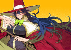 Rule 34 | 10s, 1girl, black hair, blue hair, blush, breasts, cape, glasses, hat, kagari ayaka, large breasts, long hair, school uniform, solo, tamori tadaji, witch craft works, witch hat