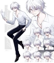 Rule 34 | 1boy, black footwear, black pants, boots, closed eyes, closed mouth, collared shirt, expressions, full body, highres, holding, holding paper, ikurikaito, jewelry, long sleeves, male focus, necklace, original, pants, paper, purple eyes, shirt, short hair, solo, white hair, white shirt