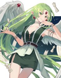 Rule 34 | 1girl, absurdres, armpits, black nails, chess piece, cowboy shot, earrings, finn fish, flat chest, green eyes, green hair, highres, jewelry, kamikaze kaitou jeanne, knight (chess), long hair, nagimugi, nail polish, pawn (chess), pointy ears, queen (chess), sleeveless, smile, solo, wings