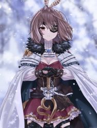 Rule 34 | 1girl, ahoge, breasts, brown eyes, brown hair, cape, cleavage, eyepatch, feather hair ornament, feathers, fur trim, gardavwar, gloves, hair ornament, highres, hololive, hololive english, long hair, looking at viewer, multicolored hair, nanashi mumei, shirt, skirt, snow, solo, streaked hair, sword, virtual youtuber, weapon, white shirt