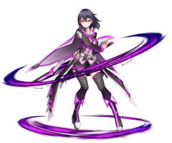 Rule 34 | 1girl, black hair, black skirt, black thighhighs, boots, collarbone, floating hair, full body, game cg, hair between eyes, hand on hilt, knee boots, long hair, looking at viewer, miniskirt, official art, open mouth, pleated skirt, purple eyes, ribbon-trimmed legwear, ribbon trim, sheath, sheathed, shiny clothes, shiny legwear, skirt, solo, sora no kanata no dystopia x shitei, standing, sword, thighhighs, transparent background, waist cape, weapon, zettai ryouiki