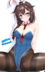 Rule 34 | 1girl, ahoge, alternate costume, animal ears, between breasts, black pantyhose, blue eyes, blue leotard, blush, braid, breasts, brown hair, cleavage, dated, detached collar, hair flaps, hair ornament, hair over shoulder, highres, kantai collection, large breasts, leotard, long hair, looking at viewer, medium breasts, necktie, nitamako (sakamalh), one-hour drawing challenge, pantyhose, playboy bunny, rabbit ears, red necktie, shigure (kancolle), shigure kai san (kancolle), simple background, single braid, sitting, smile, solo, spread legs, strapless, strapless leotard, thighband pantyhose, twitter username, white background, wrist cuffs