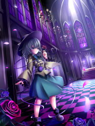 Rule 34 | 1girl, altar, ankle boots, blouse, blue flower, blue rose, boots, candlestand, chandelier, checkered floor, church, dutch angle, floor, flower, grey eyes, hat, heart, highres, indoors, janne cherry, komeiji koishi, looking away, petals, red flower, red rose, rose, shirt, short hair, silver hair, skirt, solo, stained glass, third eye, touhou