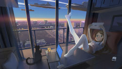 Rule 34 | 1girl, :3, absurdres, amigo (hua cao), balcony, brown eyes, brown hair, building, cat, cellphone, city, city lights, cityscape, closed mouth, computer, contrail, couch, curtains, glass, highres, holding, holding tablet pc, indoors, laptop, lying, military, military vehicle, mouse (computer), night, on back, original, painting (object), phone, pillow, road, ship, shirt, short sleeves, shorts, sky, smartphone, solo, sunset, table, tablet pc, thick eyebrows, thighhighs, train, warship, watercraft, white shirt, white thighhighs, window