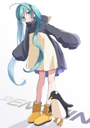 Rule 34 | 1girl, :o, absurdres, ahoge, animal costume, aqua eyes, bird, blue hair, blush, boots, commentary request, english text, full body, hair between eyes, hatsune miku, highres, hood, hood down, long hair, long sleeves, looking at viewer, nagitofuu, parted lips, penguin, penguin costume, simple background, sleeves past fingers, sleeves past wrists, solo, standing, twintails, vocaloid, white background, yellow footwear