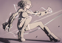 Rule 34 | 1girl, boots, breasts, cable, electricity, energy, gauntlets, glasses, glowing, grey background, mark simonov, monochrome, open mouth, original, outstretched arm, parted lips, shadow, short hair, shorts, simomark, simple background, skin tight, solo, thighhighs, weapon, zettai ryouiki