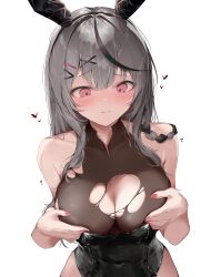 Rule 34 | 1girl, absurdres, animal ears, bare arms, bare shoulders, black bodysuit, black hair, black leotard, blush, bodysuit, braid, breasts, cleavage, closed mouth, collarbone, commentary, covered navel, embarrassed, fake animal ears, fingernails, grabbing own breast, grey hair, hair intakes, hair ornament, hairclip, hands on own breasts, heart, highres, hololive, large breasts, leotard, long hair, looking down, multicolored hair, pepq, pink eyes, playboy bunny, rabbit ears, sakamata chloe, sharp fingernails, simple background, single braid, solo, strapless, strapless leotard, streaked hair, symbol-only commentary, torn bodysuit, torn clothes, upper body, v-neck, virtual youtuber, white background, x hair ornament