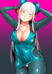 Rule 34 | 1girl, arms behind head, arms up, blue dress, blue eyes, bodysuit, bodysuit under clothes, breasts, cleavage, collarbone, commentary request, dress, electro emilia, gradient background, headgear, ken (koala), large breasts, long hair, long sleeves, looking at viewer, neon trim, original, pale skin, panties, parted lips, shiny skin, short dress, skin tight, solo, underwear, white hair