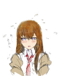 Rule 34 | 1girl, blue eyes, blush, brown hair, embarrassed, female focus, huke, jacket, long hair, makise kurisu, necktie, partially colored, simple background, sketch, solo, steins;gate, white background