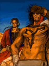 Rule 34 | 00s, 2boys, abs, arisue kanako, black hair, blue background, brown hair, chest tattoo, dark-skinned male, dark skin, facial hair, final fantasy, final fantasy x, jecht, long hair, male focus, multiple boys, muscular, ponytail, red eyes, scar, serious, shading eyes, standing, tattoo, topless male, aged down