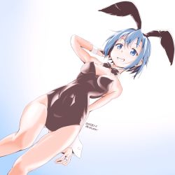 Rule 34 | 1girl, black bow, black bowtie, black leotard, blue eyes, blue hair, bow, bowtie, breasts, covered navel, detached collar, dutch angle, gluteal fold, jewelry, leotard, mahou shoujo madoka magica, mahou shoujo madoka magica (anime), medium breasts, miki sayaka, mr nini, playboy bunny, ring, short hair, smile, solo, strapless, strapless leotard, thighs, twitter username, wrist cuffs