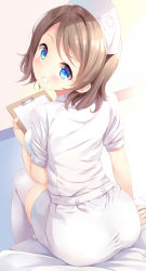 Rule 34 | 10s, 1girl, alternate costume, arm at side, ass, blue eyes, breasts, brown hair, clipboard, eyebrows, hat, holding, komone ushio, large breasts, looking at viewer, looking back, looking up, love live!, love live! sunshine!!, notepad, nurse, nurse cap, school uniform, short hair, short sleeves, sitting, skirt, solo, teeth, thighhighs, twisted neck, watanabe you, white theme, white thighhighs