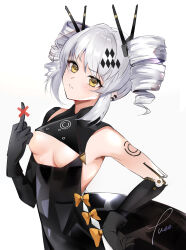Rule 34 | 1girl, absurdres, black dress, breasts, censored, censored gesture, clothing cutout, cookieyuee, dress, drill hair, ear piercing, grey hair, hair ornament, highres, joints, karenina: ember (punishing: gray raven), karenina (punishing: gray raven), long hair, mechanical arms, mechanical parts, middle finger, orange ribbon, piercing, pointless censoring, punishing: gray raven, ribbon, robot joints, sidelocks, small breasts, solo, twin drills, underboob cutout, white background, yellow eyes