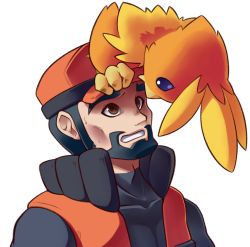 Rule 34 | 1boy, baseball cap, beard, bent over, black hair, black shirt, blue eyes, brown eyes, clenched teeth, commission, covered collarbone, creatures (company), dorianm bc, eye contact, facial hair, full body, game freak, gen 3 pokemon, hat, high collar, looking at another, male focus, nervous, nintendo, on head, open clothes, open mouth, open vest, orange headwear, orange vest, pokemon, pokemon (creature), pokemon on head, pokemon oras, pokemon ranger (pokemon), shirt, short hair, simple background, skin tight, sweat, teeth, torchic, transparent background, upper body, vest