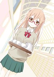 Rule 34 | 1girl, blush, bow, brown eyes, brown hair, brown sweater, cup, day, dutch angle, glasses, green skirt, hair between eyes, highres, holding, holding tray, indoors, long sleeves, red-framed eyewear, red bow, school uniform, shiraishi (tanakeda), skirt, smile, solo, sorattama, sweater, tanaka-kun wa itsumo kedaruge, teacup, teapot, tray