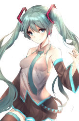 Rule 34 | 1girl, absurdres, bad id, bad pixiv id, detached sleeves, green eyes, green hair, hatsune miku, highres, long hair, necktie, skirt, smile, solo, thighhighs, twintails, very long hair, vocaloid, white background, yanggang