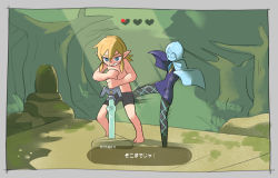 Rule 34 | 1boy, 1girl, no arms, blonde hair, blue eyes, fi (zelda), highres, kicking, link, master sword, nature, nintendo, outdoors, topless male, sword, the legend of zelda, the legend of zelda: breath of the wild, the legend of zelda: skyward sword, tirarizun, translation request, weapon