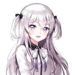 Rule 34 | 1girl, :d, bad id, bad pixiv id, black bow, blush, bow, breasts, collared shirt, hair bow, long hair, long sleeves, looking at viewer, mechuragi, neck ribbon, open mouth, original, purple eyes, ribbon, shirt, silver hair, simple background, small breasts, smile, solo, two side up, upper body, white background, white ribbon, white shirt