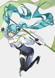 Rule 34 | 1girl, absurdres, aqua eyes, aqua hair, asymmetrical bodysuit, black bodysuit, black gloves, blush, bodysuit, boots, breasts, covered navel, cropped jacket, crypton future media, gloves, goodsmile racing, green gloves, hatsune miku, high heel boots, high heels, highres, jacket, karasu btk, long hair, long sleeves, outstretched arms, race queen, racing miku, racing miku (2022), single thigh boot, single thighhigh, small breasts, smile, solo, thigh boots, thighhighs, twintails, vocaloid, white background, white jacket