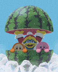 Rule 34 | coat, cube, food, fruit, gloves, hat, highres, ice, ice cube, king dedede, kirby, kirby (series), looking at viewer, miclot, nintendo, open mouth, outdoors, sky, smile, sparkling eyes, tongue, waddle dee, water, water drop, watermelon, watermelon slice