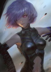 Rule 34 | 1girl, absurdres, armor, armored dress, bad id, bad tumblr id, center opening, clenched teeth, elbow gloves, fate/grand order, fate (series), gloves, hair over one eye, highres, mash kyrielight, motion blur, navel, purple eyes, purple hair, raikoart, shield, short hair, solo, teeth