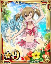 Rule 34 | 10s, 1girl, arm up, beach, bikini, bikini skirt, breasts, brown hair, card (medium), cardigan, collarbone, day, flower, hair between eyes, hair ribbon, hibiscus, looking at viewer, mini dragon, ocean, one eye closed, open cardigan, open clothes, open mouth, orange flower, outdoors, pina (sao), pink bikini, pink ribbon, pink skirt, pink sweater, red eyes, red flower, ribbon, short hair, short twintails, silica, silica (sao-alo), skirt, small breasts, solo, star (symbol), sweater, swimsuit, sword art online, twintails, yellow flower