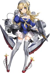 Rule 34 | 1girl, blonde hair, blue eyes, blue shirt, breasts, cannon, cleavage, double bun, fletcher (kancolle), fletcher mk ii (kancolle), full body, gloves, hair bun, hair ornament, hairband, headphones, kantai collection, large breasts, long hair, machinery, neckerchief, off shoulder, official art, pleated skirt, rudder footwear, sailor collar, school uniform, serafuku, shin guards, shirt, skirt, smokestack, solo, star (symbol), star hair ornament, thighhighs, torpedo, torpedo launcher, torpedo tubes, transparent background, turret, united states medal of honor, white gloves, white sailor collar, white skirt, white thighhighs, yellow neckerchief, zeco