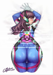 Rule 34 | 10s, 1girl, 2016, absurdres, arms up, artist name, ass, back, backboob, bad id, bad pixiv id, blush, bodysuit, breasts, brown eyes, brown hair, character name, clothes writing, copyright name, cropped legs, d.va (overwatch), dissolving, eyelashes, facepaint, facial mark, from above, from behind, gloves, glowing, gorgeous mushroom, headphones, highres, logo, long hair, long sleeves, looking at viewer, looking back, medium breasts, overwatch, overwatch 1, pilot suit, profile, signature, skin tight, solo, thigh gap, thigh strap, top-down bottom-up, whisker markings, white background, white gloves
