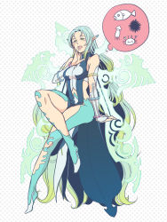 Rule 34 | 1girl, aqua hair, bare shoulders, blush, bracelet, breasts, crab, detached sleeves, dress, fish, green eyes, halftone, halftone background, jewelry, long hair, multicolored hair, muzet (tales), open mouth, pantyhose, solo, squid, tales of (series), tales of xillia, tales of xillia 2, very long hair, wings