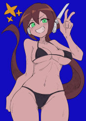 Rule 34 | 1girl, absurdres, aile (mega man zx), bare shoulders, bikini, black bikini, blue background, blush, breasts, brown hair, buzzlyears, collarbone, green eyes, highres, large breasts, long hair, mega man (series), mega man zx, mega man zx advent, navel, open mouth, ponytail, revealing clothes, robot ears, simple background, smile, smug, solo, star (symbol), swimsuit, v