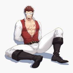 Rule 34 | 00047, 1boy, abs, arms behind back, beard, black footwear, blindfold, boots, brown hair, cleave gag, closed mouth, cloth gag, collared shirt, facial hair, fate/grand order, fate (series), full body, gag, gagged, improvised gag, long sideburns, long sleeves, male focus, napoleon bonaparte (fate), open clothes, open shirt, pants, pectoral cleavage, pectorals, red vest, scar, shirt, sideburns, simple background, sitting, solo, spread legs, teeth, vest, white pants, white shirt