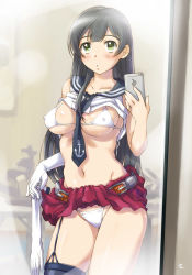 Rule 34 | 10s, 1girl, agano (kancolle), anchor symbol, bare shoulders, between breasts, bikini, black hair, blush, breasts, cellphone, clothes lift, garter straps, gloves, unworn gloves, green eyes, groin, holding, holding phone, iphone, kantai collection, large breasts, long hair, looking at mirror, looking at viewer, micro bikini, mirror, navel, necktie, necktie between breasts, phone, pleated skirt, red skirt, reflection, sameha ikuya, school uniform, selfie, serafuku, sideboob, single glove, single thighhigh, skirt, skirt lift, smartphone, solo, stomach, swimsuit, thighhighs, underboob, white bikini, white gloves