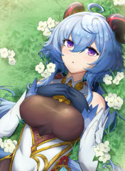 Rule 34 | 1girl, ahoge, bare shoulders, blue gloves, blue hair, bodysuit, breasts, commentary, detached sleeves, flower, ganyu (genshin impact), genshin impact, gloves, grass, hair between eyes, high-waist skirt, highres, horns, large breasts, long hair, long sleeves, looking at viewer, lying, on back, parted lips, purple eyes, resolution mismatch, rixchii yi, skirt, solo, source larger, upper body, very long hair, white flower, white skirt