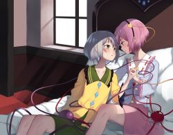 Rule 34 | 2girls, bed, black hairband, blue shirt, blush, collarbone, commentary, eye contact, feet out of frame, frilled shirt collar, frills, fuamaa, green eyes, green skirt, hair ornament, hairband, heart, heart hair ornament, highres, holding hands, incest, indoors, komeiji koishi, komeiji satori, long sleeves, looking at another, multiple girls, no headwear, parted lips, pillow, pink eyes, pink hair, pink skirt, profile, ribbon-trimmed collar, ribbon trim, shirt, short hair, siblings, sidelocks, silver hair, sisters, sitting, skirt, smile, third eye, touhou, wide sleeves, window, yellow shirt, yuri