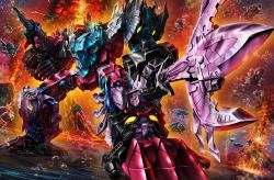 Rule 34 | clenched hands, decepticon, eruption, explosion, fighting stance, gun, highres, huge filesize, king poseidon, mecha, no humans, robot, solo, sword, transformers, transformers super-god masterforce, volcano, weapon, yasukuni kazumasa