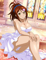 Rule 34 | 1girl, bachou mouki, bare arms, bare legs, bare shoulders, blue scrunchie, blush, breasts, brown eyes, brown hair, cleavage, closed mouth, collarbone, dress, hair between eyes, hair ornament, hair scrunchie, hairclip, hands on own knees, ikkitousen, large breasts, layered dress, long hair, looking at viewer, ponytail, scrunchie, shiny skin, short dress, sitting, smile, solo, strapless, strapless dress, wedding dress, white dress