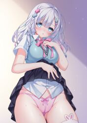 Rule 34 | 1girl, animal ear legwear, black skirt, blue eyes, blush, bow, bow panties, braid, breasts, clothes lift, collared shirt, commission, copyright request, from below, grey hair, groin, hair ornament, hairclip, hand up, highres, lifting own clothes, long hair, looking at viewer, looking down, medium breasts, panties, parted lips, pink bow, pink panties, pixiv commission, plaid, plaid skirt, pleated skirt, rabbit ear legwear, rabbit hair ornament, sacraneco, school uniform, shirt, short sleeves, skirt, skirt lift, solo, sweater vest, thighhighs, underwear, white shirt, white thighhighs, x hair ornament