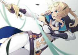 Rule 34 | 1girl, absurdres, blonde hair, blue eyes, breasts, detached collar, detached sleeves, fighting stance, genshin impact, highres, holding, holding weapon, jean (genshin impact), leaf, long hair, medium breasts, open mouth, ponytail, rapier, sidelocks, simple background, sleeveless, solo, strapless, sword, tube top, weapon, white background, wind