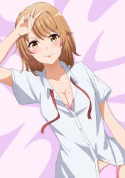 Rule 34 | 1girl, arm up, blush, bra, breasts, brown eyes, brown hair, cleavage, closed mouth, collarbone, collared shirt, commentary request, highres, isshiki iroha, looking at viewer, lying, medium breasts, medium hair, on back, panties, partially unbuttoned, pink bra, pink panties, red ribbon, ribbon, school uniform, shirt, short sleeves, smile, sobu high school uniform, solo, tongue, tongue out, underwear, untied ribbon, upper body, v, white shirt, yahari ore no seishun lovecome wa machigatteiru., yoru (77957792)