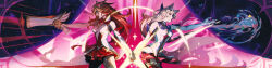 Rule 34 | 2girls, absurdres, ahri (league of legends), aiming, animal ears, bare shoulders, blonde hair, breasts, brooch, closed mouth, detached sleeves, fox ears, fox girl, fox tail, gun, highres, holding, holding gun, holding hands, holding weapon, jewelry, league of legends, long hair, magical girl, medium breasts, miss fortune (league of legends), multicolored hair, multiple girls, official alternate costume, orange hair, red hair, red skirt, skirt, smile, songjie, star brooch, star guardian (league of legends), star guardian ahri, star guardian miss fortune, tail, thighhighs, two-tone hair, weapon