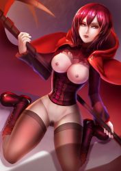 Rule 34 | 1girl, absurdres, badcompzero, boots, breasts, cape, female pubic hair, highres, kneeling, pink eyes, pink hair, pubic hair, pussy, ruby rose, rwby, scythe, solo, thighhighs, torn clothes, uncensored