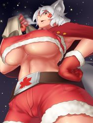 Rule 34 | 1girl, anger vein, angry, animal ears, breasts, christmas, covered erect nipples, eyebrows, female focus, hand on own hip, highres, huge breasts, inubashiri momiji, large breasts, looking at viewer, looking down, midriff, navel, open mouth, red eyes, short hair, silver hair, solo, tail, thick eyebrows, thighs, tochinoko, touhou, underboob, wolf ears, wolf tail