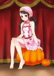 Rule 34 | 1girl, arm at side, barefoot, beret, black hair, bow, bowtie, breasts, brown eyes, buttons, collarbone, curtains, dress, eyelashes, feet, female focus, fingernails, frilled dress, frills, full body, hand on own knee, happy, hat, heart button, idol, idolmaster, idolmaster cinderella girls, legs, long hair, long twintails, looking at viewer, low twintails, nakano yuka, namco, neck, neck ribbon, pink bow, pink dress, pink headwear, pink ribbon, print dress, pumpkin, ribbon, shinkai kiiro, shiny clothes, shiny skin, side bangs, sidelocks, sitting, sleeveless, sleeveless dress, small breasts, smile, stage, tiptoes, toenails, toes, twintails, wrist bow, wrist ribbon