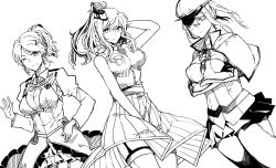 Rule 34 | 10s, 3girls, anchor, aquila (kancolle), arm behind head, asakawa (outeq), belt, between legs, black gloves, blush, breast pocket, breasts, capelet, collared shirt, commentary request, cowboy shot, crossed arms, dress, garter straps, gloves, graf zeppelin (kancolle), greyscale, hair between eyes, hair ornament, hairclip, hand between legs, hat, high ponytail, impossible clothes, jacket, kantai collection, large breasts, long hair, looking at viewer, machinery, military, military hat, military uniform, miniskirt, monochrome, multiple girls, neckerchief, necktie, one eye closed, pantyhose, peaked cap, pleated skirt, pocket, ponytail, saratoga (kancolle), shirt, side ponytail, sidelocks, simple background, skirt, smile, smokestack, thighhighs, twintails, uniform, wavy hair, white background