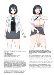 Rule 34 | 1girl, absurdres, black shirt, bracelet, breasts, breasts out, character age, character name, character profile, clothes lift, cropped legs, cup size, english text, expressionless, female pubic hair, flaccid, full-package futanari, futanari, futanari, gomu (ujmu5458), grey skirt, gyaru, hard-translated, highres, huge penis, jacket, jewelry, kogal, large breasts, large testicles, lifted by self, looking at viewer, multiple views, nipples, open clothes, open jacket, original, pencil skirt, penis, pubic hair, school uniform, shirt, shirt lift, short hair, short sleeves, simple background, skirt, standing, testicles, third-party edit, three sizes, tongue, tongue out, translated, uncensored, white background, white jacket