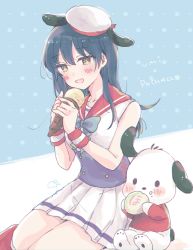 Rule 34 | 1girl, :d, animal ears, artist name, baozi, blue hair, blue neckwear, blush, bow, bowtie, buttons, character name, crossover, dog, dog ears, double-breasted, eating, food, food on face, hat, holding, holding food, ice cream, ice cream cone, kudo (low temp), long hair, love live!, love live! school idol festival, love live! school idol project, open mouth, pale color, pleated skirt, pochacco, polka dot, polka dot background, red sailor collar, sailor collar, sanrio, school uniform, serafuku, sitting, skirt, smile, sonoda umi, white skirt, yellow eyes