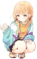 Rule 34 | 1girl, absurdres, blonde hair, blush, braid, fujita kotone, gakuen idolmaster, hair ribbon, highres, idolmaster, jacket, light smile, looking at viewer, multicolored clothes, multicolored jacket, ok sign, ribbon, shirt, shoes, simple background, sneakers, solo, squatting, syhan, twin braids, white background, yellow shirt