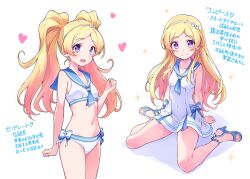 Rule 34 | 1girl, bare arms, bare legs, bikini, blonde hair, blue neckerchief, blue sailor collar, blush, bow, breasts, closed mouth, collarbone, covered navel, dress, emily stewart, floating hair, hair bow, hair down, hairband, heart, highres, idolmaster, idolmaster million live!, idolmaster million live! theater days, kyoutsuugengo, long hair, looking at viewer, navel, neckerchief, open mouth, parted bangs, purple eyes, sailor bikini, sailor collar, sailor dress, short dress, sitting, sleeveless, sleeveless dress, small breasts, smile, spread legs, swimsuit, twintails, very long hair, wariza, white background, white bikini, white bow, white dress, white hairband