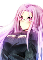 Rule 34 | 1girl, bad id, bad pixiv id, breasts, fate/stay night, fate (series), glasses, highres, large breasts, long hair, long sleeves, medusa (fate), medusa (rider) (fate), official alternate costume, purple eyes, purple hair, ribbed sweater, sketch, smile, solo, suteba (grzjkbhgf), sweater, turtleneck